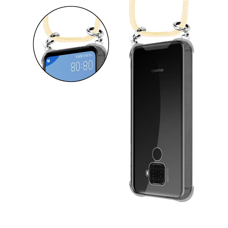 Cadorabo Handy Kette kompatibel mit Huawei MATE 30 LITE Silikon Schutzhülle mit Silbernen Ringen, Kordel Band und abnehmbarem Etui