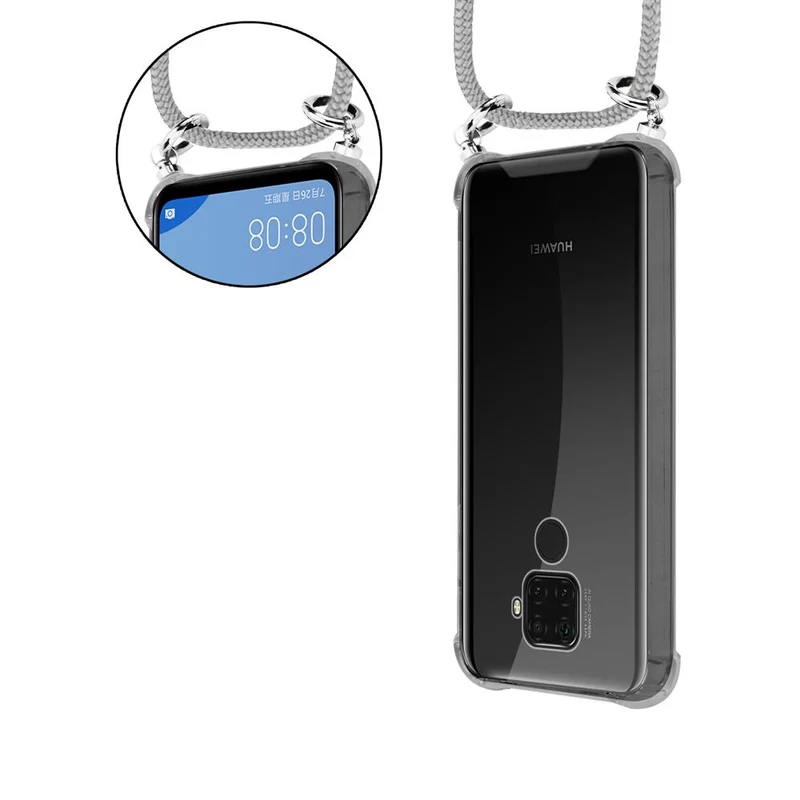 Cadorabo Handy Kette kompatibel mit Huawei MATE 30 LITE Silikon Schutzhülle mit Silbernen Ringen, Kordel Band und abnehmbarem Etui