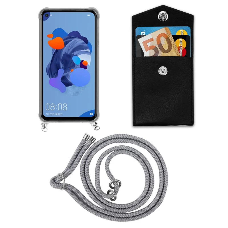 Cadorabo Handy Kette kompatibel mit Huawei MATE 30 LITE Silikon Schutzhülle mit Silbernen Ringen, Kordel Band und abnehmbarem Etui