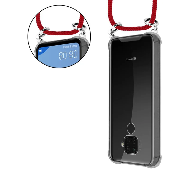 Cadorabo Handy Kette kompatibel mit Huawei MATE 30 LITE Silikon Schutzhülle mit Silbernen Ringen, Kordel Band und abnehmbarem Etui