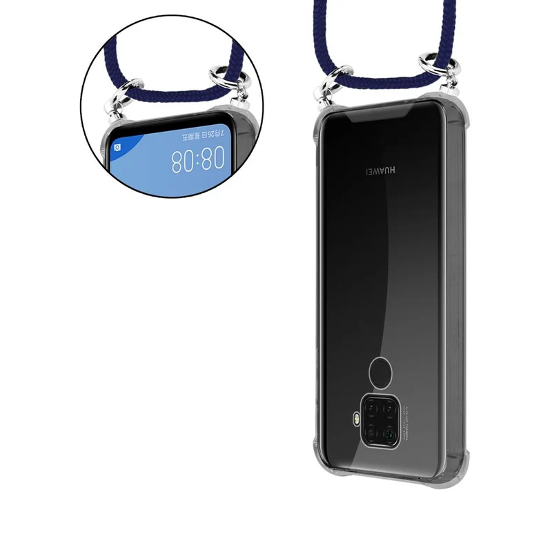 Cadorabo Handy Kette kompatibel mit Huawei MATE 30 LITE Silikon Schutzhülle mit Silbernen Ringen, Kordel Band und abnehmbarem Etui