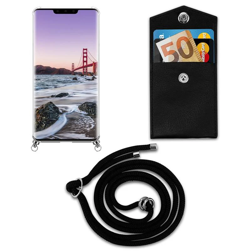 Cadorabo Handy Kette kompatibel mit Huawei MATE 30 PRO Silikon Schutzhülle mit Silbernen Ringen, Kordel Band und abnehmbarem Etui