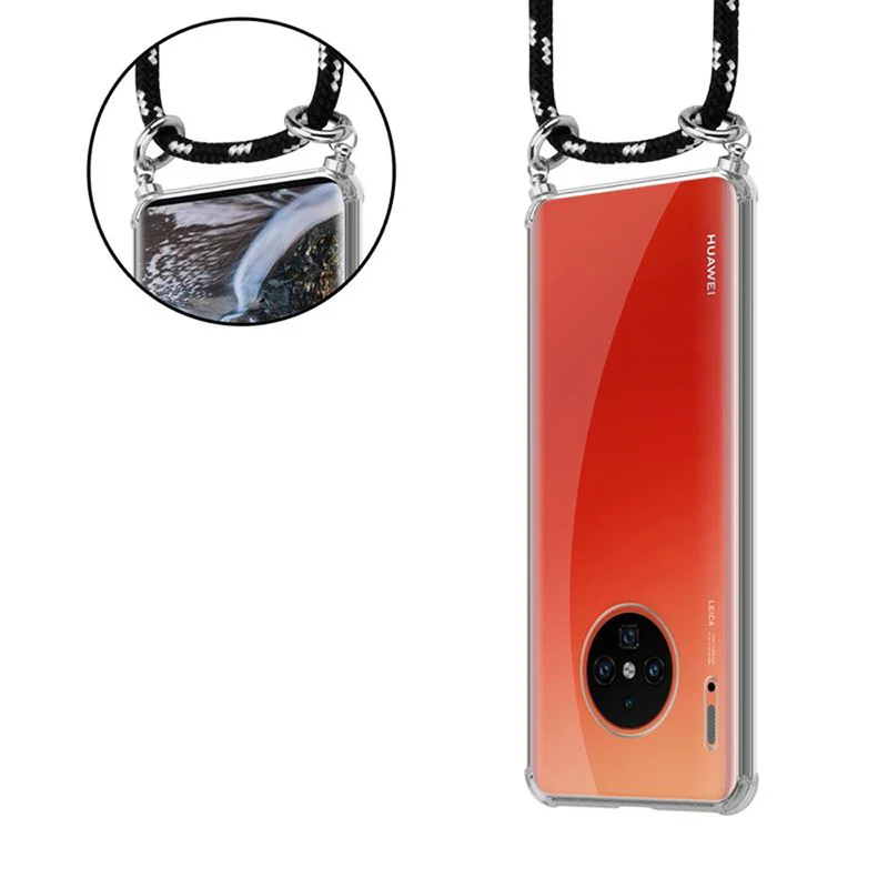 Cadorabo Handy Kette kompatibel mit Huawei MATE 30 PRO Silikon Schutzhülle mit Silbernen Ringen, Kordel Band und abnehmbarem Etui