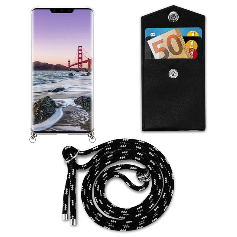 Cadorabo Handy Kette kompatibel mit Huawei MATE 30 PRO Silikon Schutzhülle mit Silbernen Ringen, Kordel Band und abnehmbarem Etui