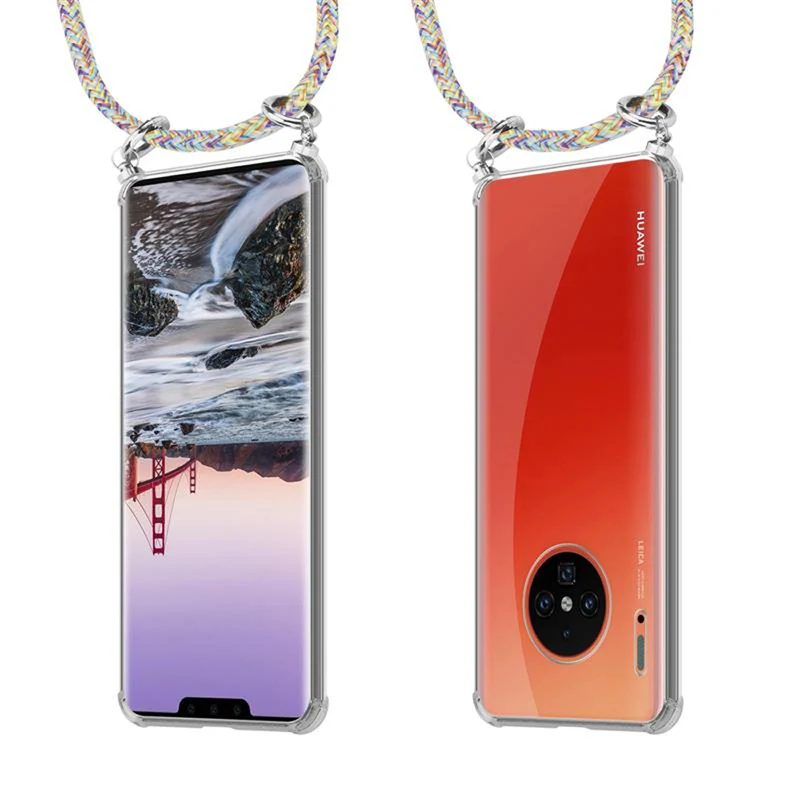 Cadorabo Handy Kette kompatibel mit Huawei MATE 30 PRO Silikon Schutzhülle mit Silbernen Ringen, Kordel Band und abnehmbarem Etui