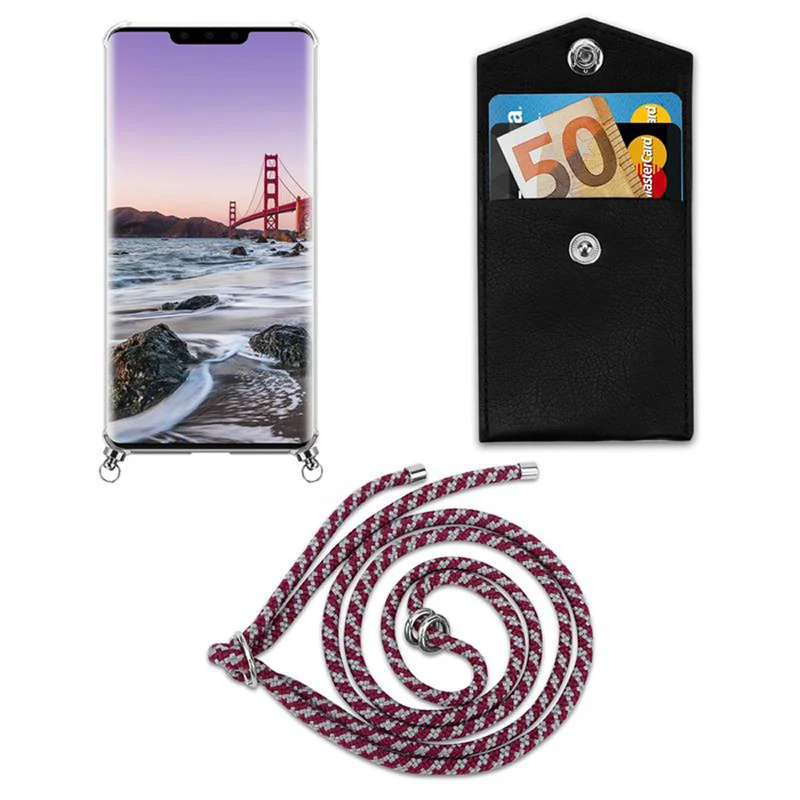 Cadorabo Handy Kette kompatibel mit Huawei MATE 30 PRO Silikon Schutzhülle mit Silbernen Ringen, Kordel Band und abnehmbarem Etui