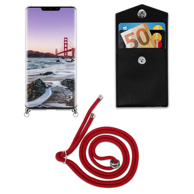 Cadorabo Handy Kette kompatibel mit Huawei MATE 30 PRO Silikon Schutzhülle mit Silbernen Ringen, Kordel Band und abnehmbarem Etui