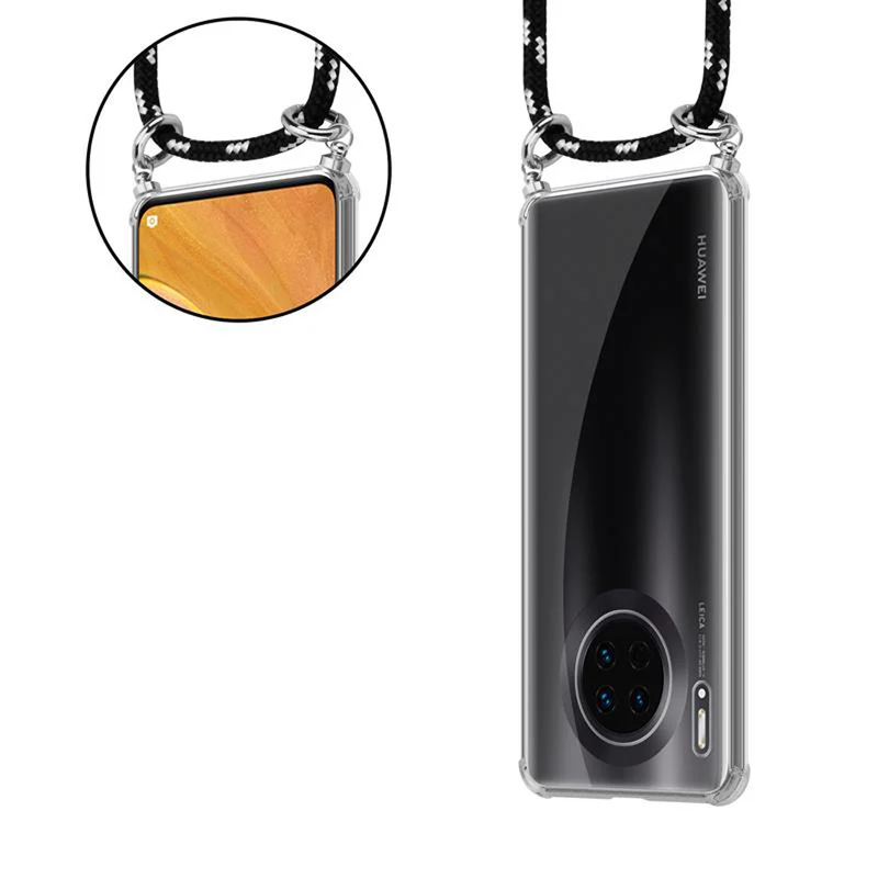 Cadorabo Handy Kette kompatibel mit Huawei MATE 30 Silikon Schutzhülle mit Silbernen Ringen, Kordel Band und abnehmbarem Etui
