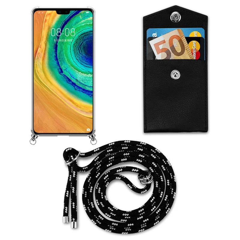 Cadorabo Handy Kette kompatibel mit Huawei MATE 30 Silikon Schutzhülle mit Silbernen Ringen, Kordel Band und abnehmbarem Etui
