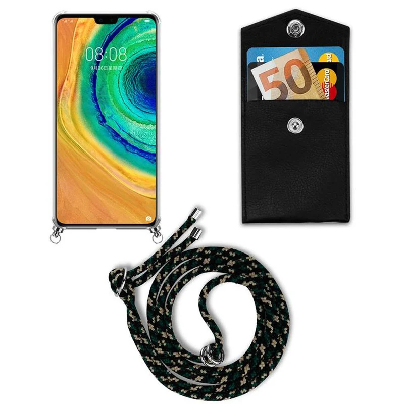 Cadorabo Handy Kette kompatibel mit Huawei MATE 30 Silikon Schutzhülle mit Silbernen Ringen, Kordel Band und abnehmbarem Etui