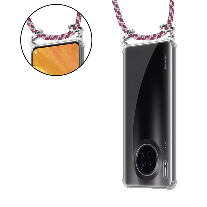 Cadorabo Handy Kette kompatibel mit Huawei MATE 30 Silikon Schutzhülle mit Silbernen Ringen, Kordel Band und abnehmbarem Etui