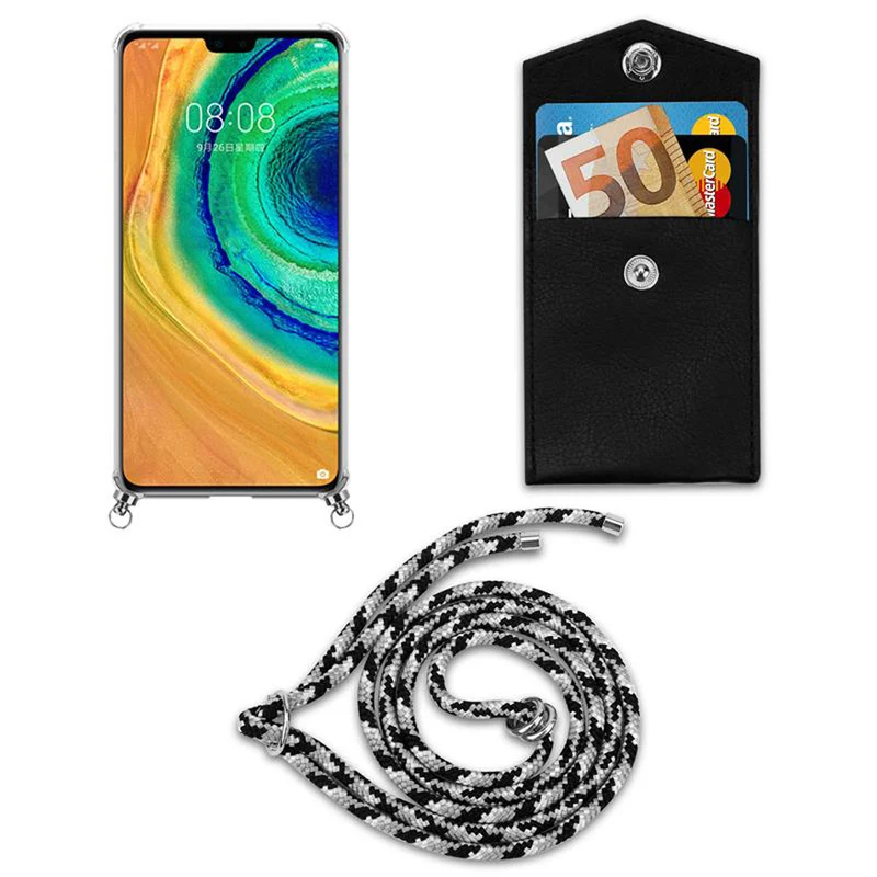 Cadorabo Handy Kette kompatibel mit Huawei MATE 30 Silikon Schutzhülle mit Silbernen Ringen, Kordel Band und abnehmbarem Etui