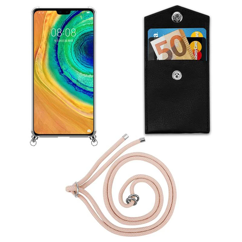 Cadorabo Handy Kette kompatibel mit Huawei MATE 30 Silikon Schutzhülle mit Silbernen Ringen, Kordel Band und abnehmbarem Etui