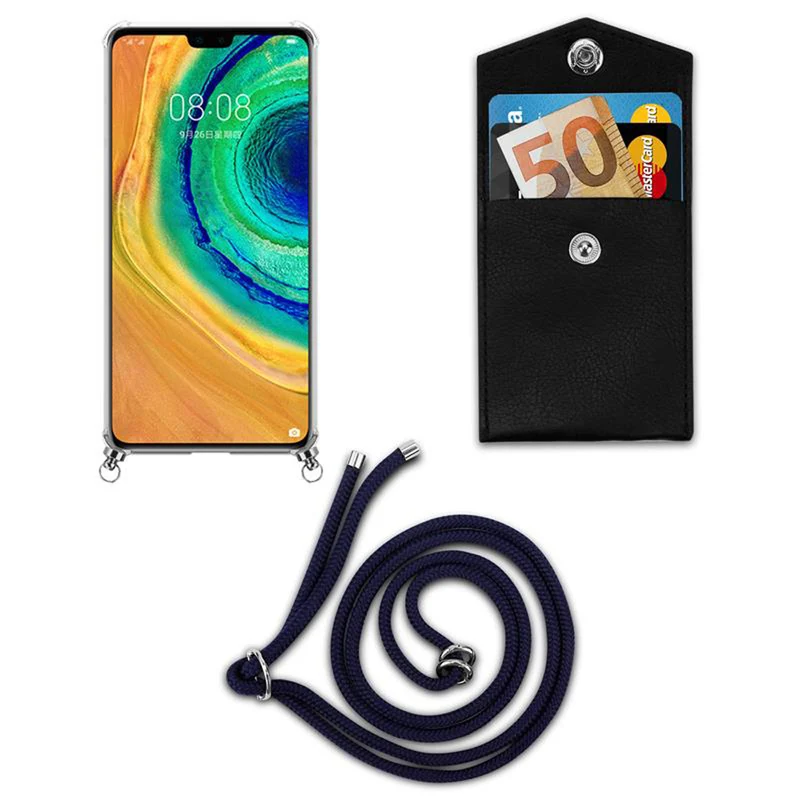 Cadorabo Handy Kette kompatibel mit Huawei MATE 30 Silikon Schutzhülle mit Silbernen Ringen, Kordel Band und abnehmbarem Etui