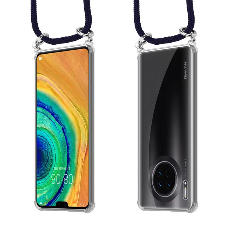 Cadorabo Handy Kette kompatibel mit Huawei MATE 30 Silikon Schutzhülle mit Silbernen Ringen, Kordel Band und abnehmbarem Etui