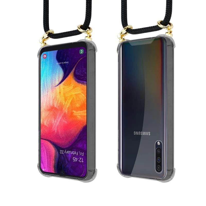 Cadorabo Handy Kette kompatibel mit Samsung Galaxy A50 4G / A50s / A30s Silikon Schutzhülle mit Gold Ringen, Kordel Band und abnehmbarem Etui