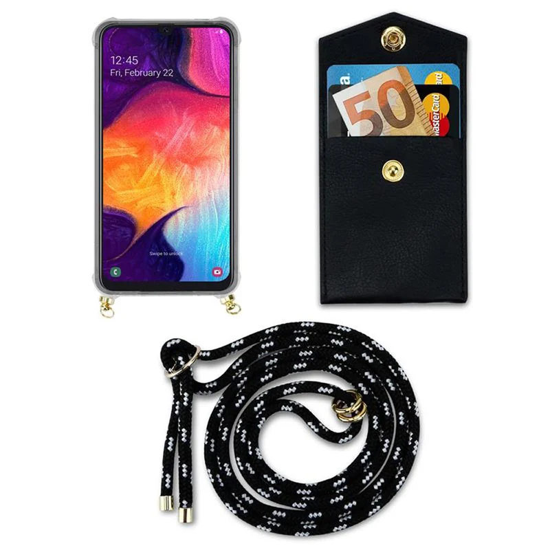 Cadorabo Handy Kette kompatibel mit Samsung Galaxy A50 4G / A50s / A30s Silikon Schutzhülle mit Gold Ringen, Kordel Band und abnehmbarem Etui