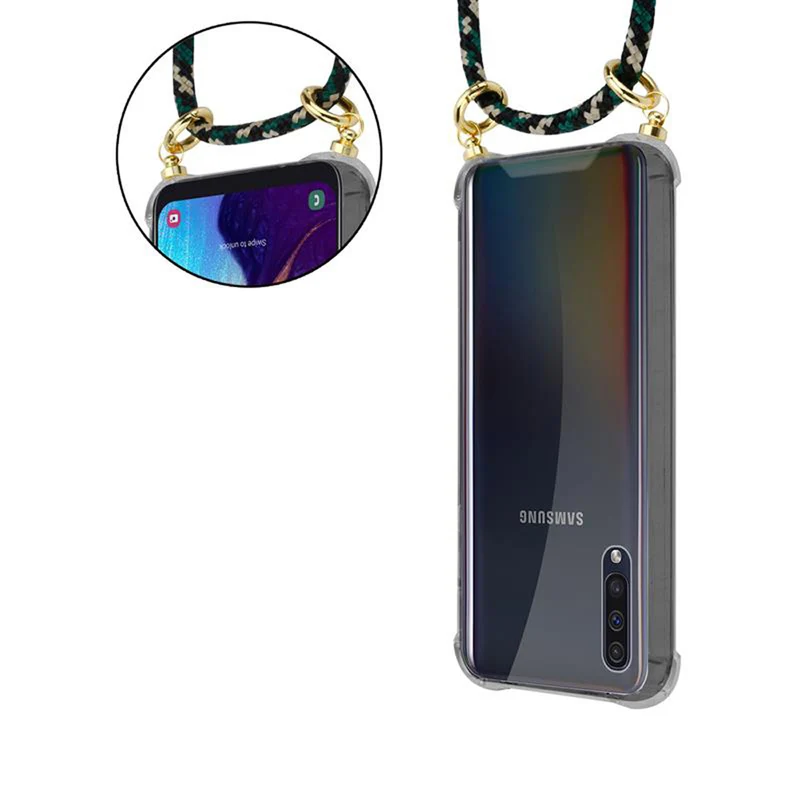 Cadorabo Handy Kette kompatibel mit Samsung Galaxy A50 4G / A50s / A30s Silikon Schutzhülle mit Gold Ringen, Kordel Band und abnehmbarem Etui