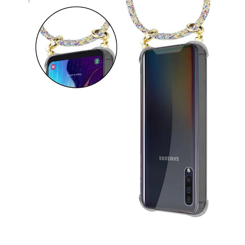 Cadorabo Handy Kette kompatibel mit Samsung Galaxy A50 4G / A50s / A30s Silikon Schutzhülle mit Gold Ringen, Kordel Band und abnehmbarem Etui