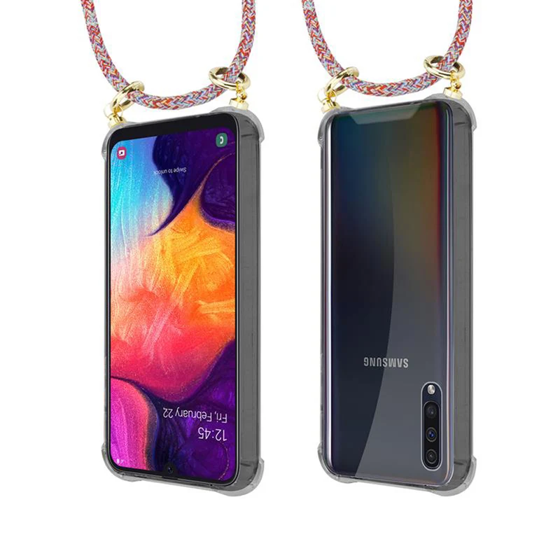 Cadorabo Handy Kette kompatibel mit Samsung Galaxy A50 4G / A50s / A30s Silikon Schutzhülle mit Gold Ringen, Kordel Band und abnehmbarem Etui