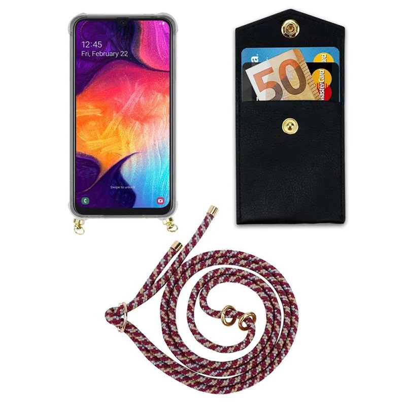 Cadorabo Handy Kette kompatibel mit Samsung Galaxy A50 4G / A50s / A30s Silikon Schutzhülle mit Gold Ringen, Kordel Band und abnehmbarem Etui