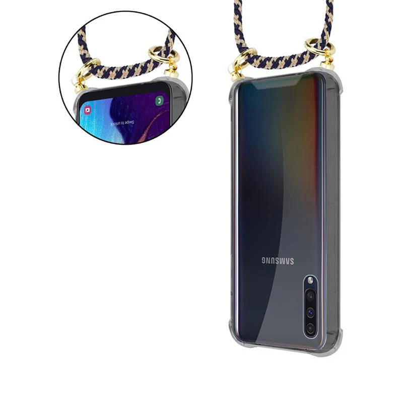 Cadorabo Handy Kette kompatibel mit Samsung Galaxy A50 4G / A50s / A30s Silikon Schutzhülle mit Gold Ringen, Kordel Band und abnehmbarem Etui