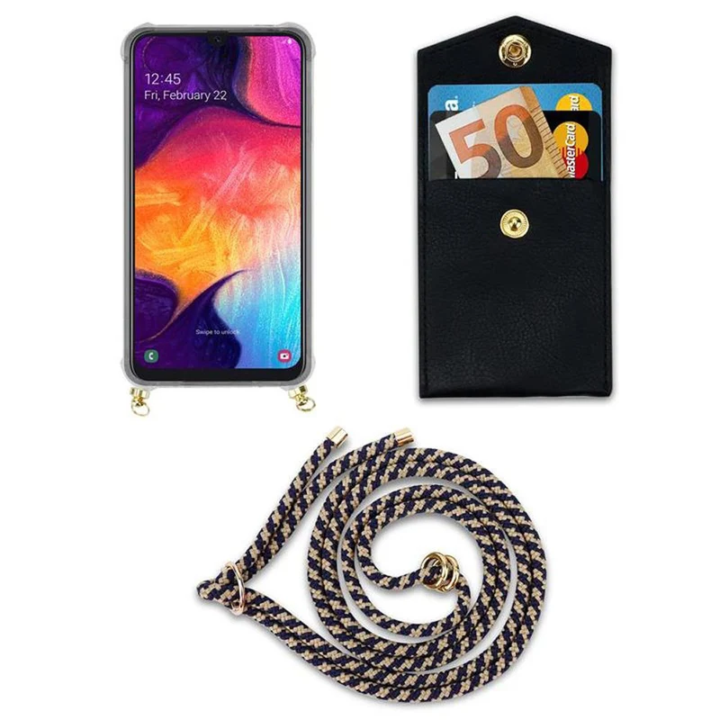 Cadorabo Handy Kette kompatibel mit Samsung Galaxy A50 4G / A50s / A30s Silikon Schutzhülle mit Gold Ringen, Kordel Band und abnehmbarem Etui