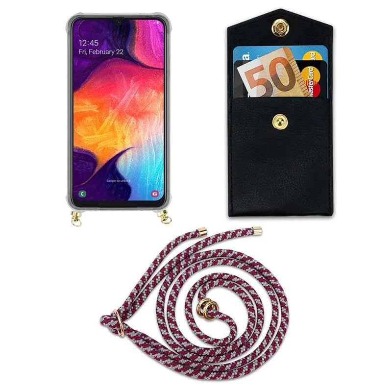 Cadorabo Handy Kette kompatibel mit Samsung Galaxy A50 4G / A50s / A30s Silikon Schutzhülle mit Gold Ringen, Kordel Band und abnehmbarem Etui