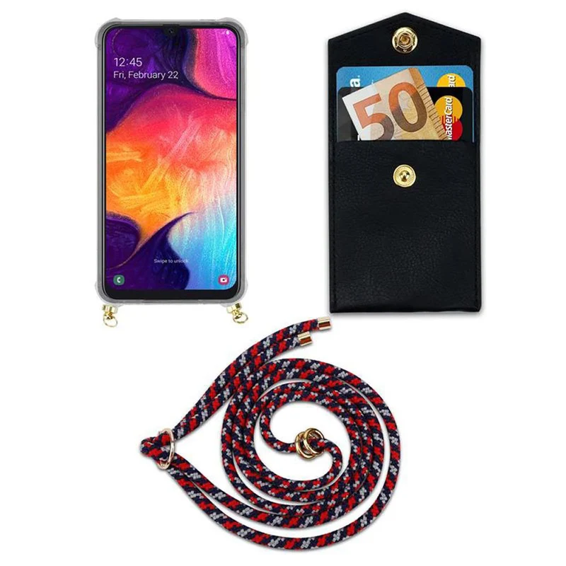 Cadorabo Handy Kette kompatibel mit Samsung Galaxy A50 4G / A50s / A30s Silikon Schutzhülle mit Gold Ringen, Kordel Band und abnehmbarem Etui