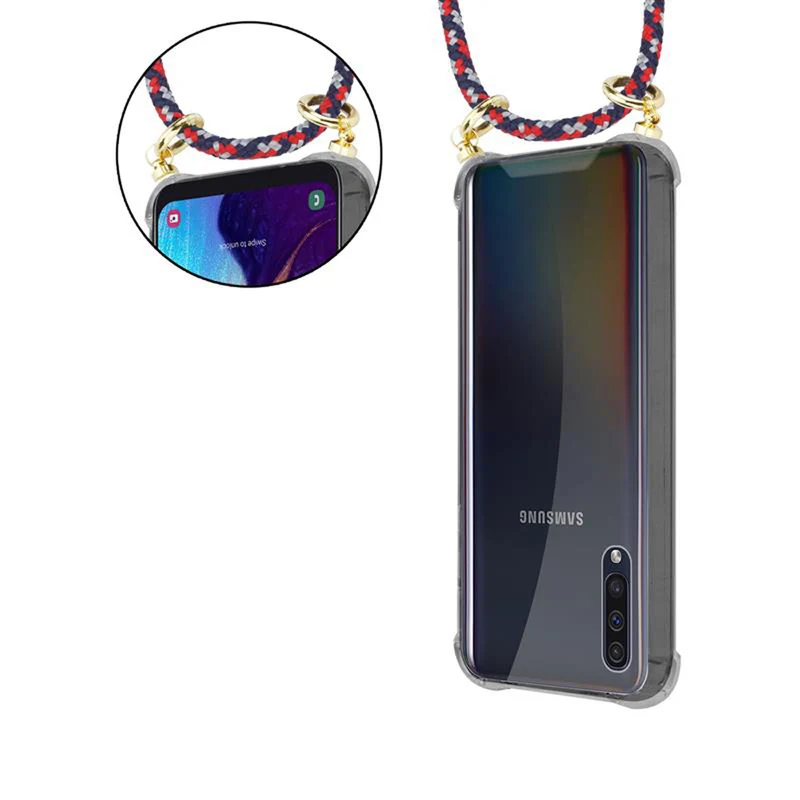 Cadorabo Handy Kette kompatibel mit Samsung Galaxy A50 4G / A50s / A30s Silikon Schutzhülle mit Gold Ringen, Kordel Band und abnehmbarem Etui