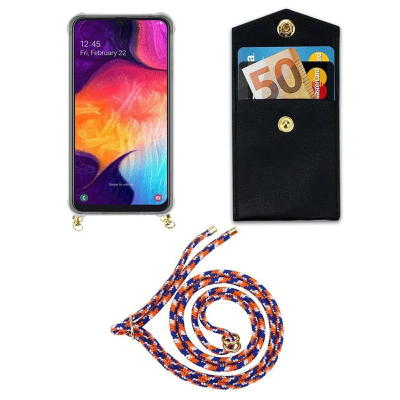 Cadorabo Handy Kette kompatibel mit Samsung Galaxy A50 4G / A50s / A30s Silikon Schutzhülle mit Gold Ringen, Kordel Band und abnehmbarem Etui