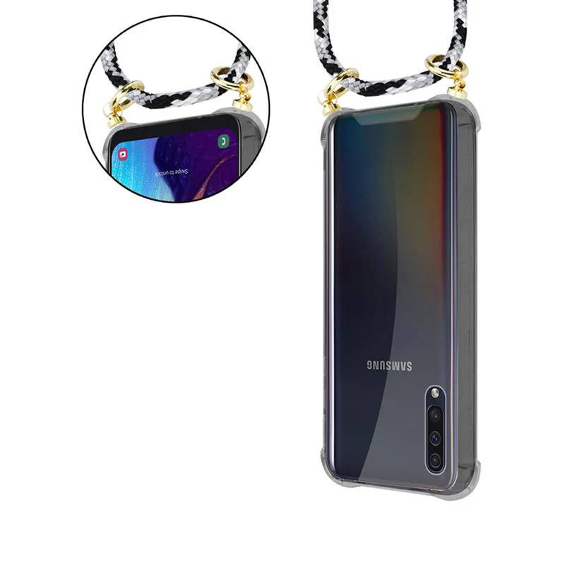 Cadorabo Handy Kette kompatibel mit Samsung Galaxy A50 4G / A50s / A30s Silikon Schutzhülle mit Gold Ringen, Kordel Band und abnehmbarem Etui