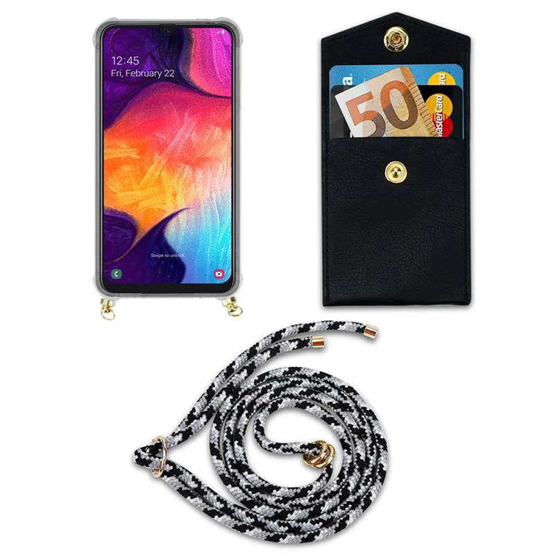 Cadorabo Handy Kette kompatibel mit Samsung Galaxy A50 4G / A50s / A30s Silikon Schutzhülle mit Gold Ringen, Kordel Band und abnehmbarem Etui