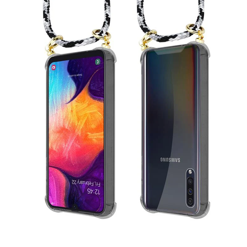 Cadorabo Handy Kette kompatibel mit Samsung Galaxy A50 4G / A50s / A30s Silikon Schutzhülle mit Gold Ringen, Kordel Band und abnehmbarem Etui