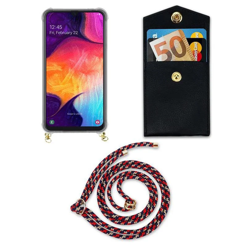 Cadorabo Handy Kette kompatibel mit Samsung Galaxy A50 4G / A50s / A30s Silikon Schutzhülle mit Gold Ringen, Kordel Band und abnehmbarem Etui