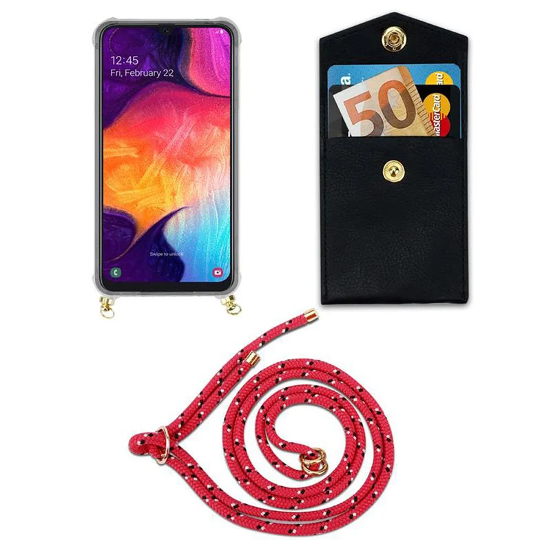 Cadorabo Handy Kette kompatibel mit Samsung Galaxy A50 4G / A50s / A30s Silikon Schutzhülle mit Gold Ringen, Kordel Band und abnehmbarem Etui