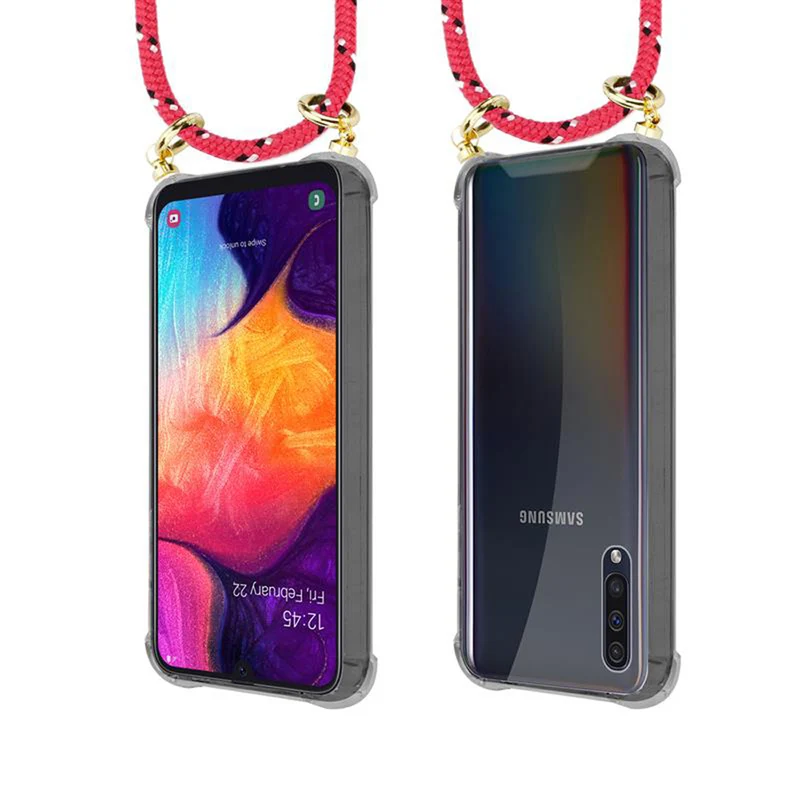 Cadorabo Handy Kette kompatibel mit Samsung Galaxy A50 4G / A50s / A30s Silikon Schutzhülle mit Gold Ringen, Kordel Band und abnehmbarem Etui