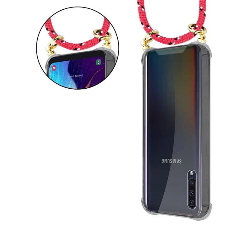 Cadorabo Handy Kette kompatibel mit Samsung Galaxy A50 4G / A50s / A30s Silikon Schutzhülle mit Gold Ringen, Kordel Band und abnehmbarem Etui
