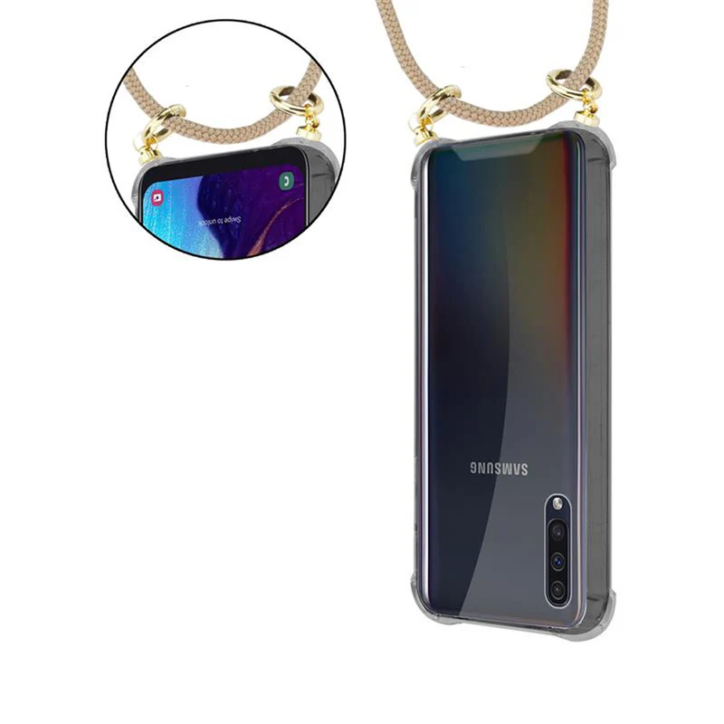 Cadorabo Handy Kette kompatibel mit Samsung Galaxy A50 4G / A50s / A30s Silikon Schutzhülle mit Gold Ringen, Kordel Band und abnehmbarem Etui
