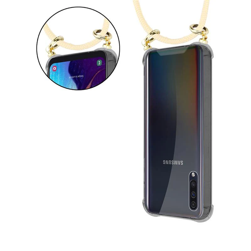 Cadorabo Handy Kette kompatibel mit Samsung Galaxy A50 4G / A50s / A30s Silikon Schutzhülle mit Gold Ringen, Kordel Band und abnehmbarem Etui