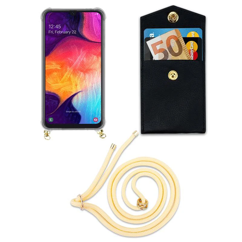 Cadorabo Handy Kette kompatibel mit Samsung Galaxy A50 4G / A50s / A30s Silikon Schutzhülle mit Gold Ringen, Kordel Band und abnehmbarem Etui