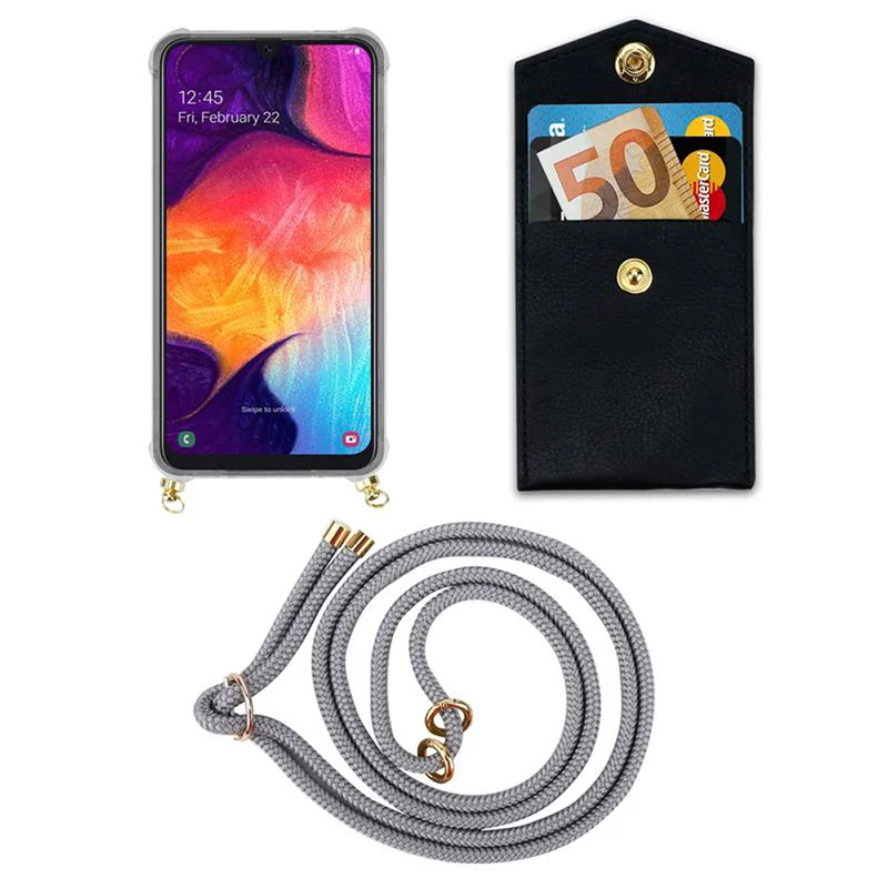 Cadorabo Handy Kette kompatibel mit Samsung Galaxy A50 4G / A50s / A30s Silikon Schutzhülle mit Gold Ringen, Kordel Band und abnehmbarem Etui