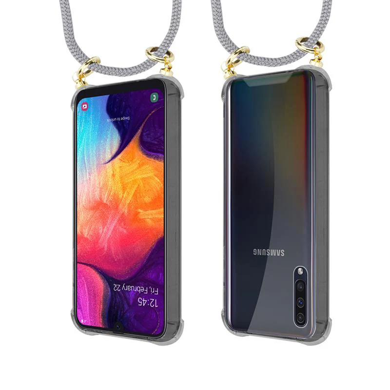Cadorabo Handy Kette kompatibel mit Samsung Galaxy A50 4G / A50s / A30s Silikon Schutzhülle mit Gold Ringen, Kordel Band und abnehmbarem Etui