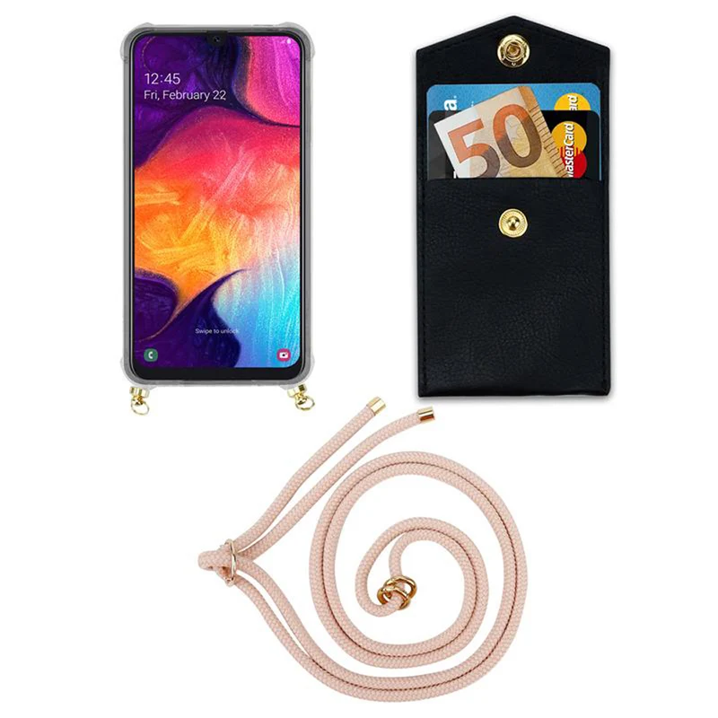 Cadorabo Handy Kette kompatibel mit Samsung Galaxy A50 4G / A50s / A30s Silikon Schutzhülle mit Gold Ringen, Kordel Band und abnehmbarem Etui