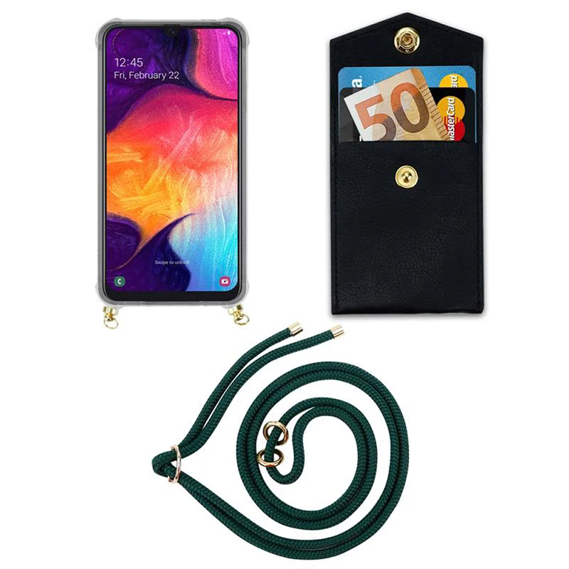Cadorabo Handy Kette kompatibel mit Samsung Galaxy A50 4G / A50s / A30s Silikon Schutzhülle mit Gold Ringen, Kordel Band und abnehmbarem Etui