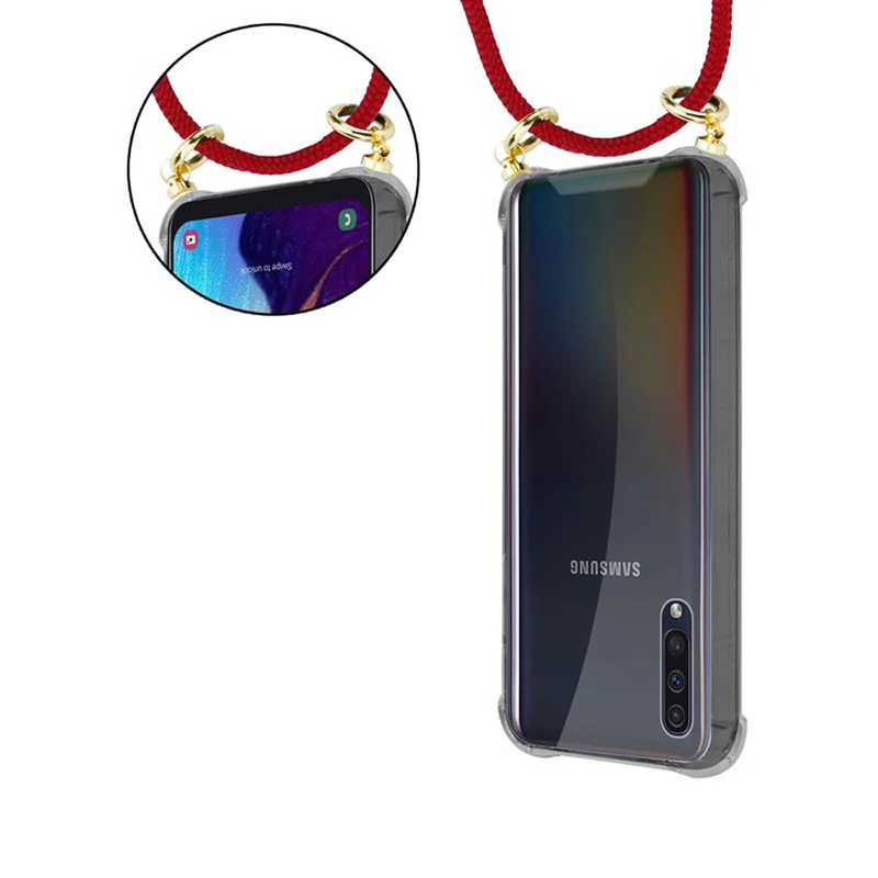 Cadorabo Handy Kette kompatibel mit Samsung Galaxy A50 4G / A50s / A30s Silikon Schutzhülle mit Gold Ringen, Kordel Band und abnehmbarem Etui