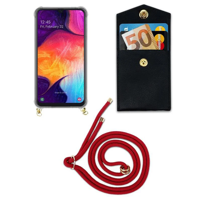 Cadorabo Handy Kette kompatibel mit Samsung Galaxy A50 4G / A50s / A30s Silikon Schutzhülle mit Gold Ringen, Kordel Band und abnehmbarem Etui