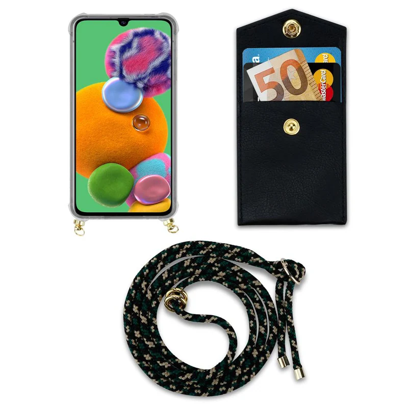 Cadorabo Handy Kette kompatibel mit Samsung Galaxy A90 5G Silikon Schutzhülle mit Gold Ringen, Kordel Band und abnehmbarem Etui