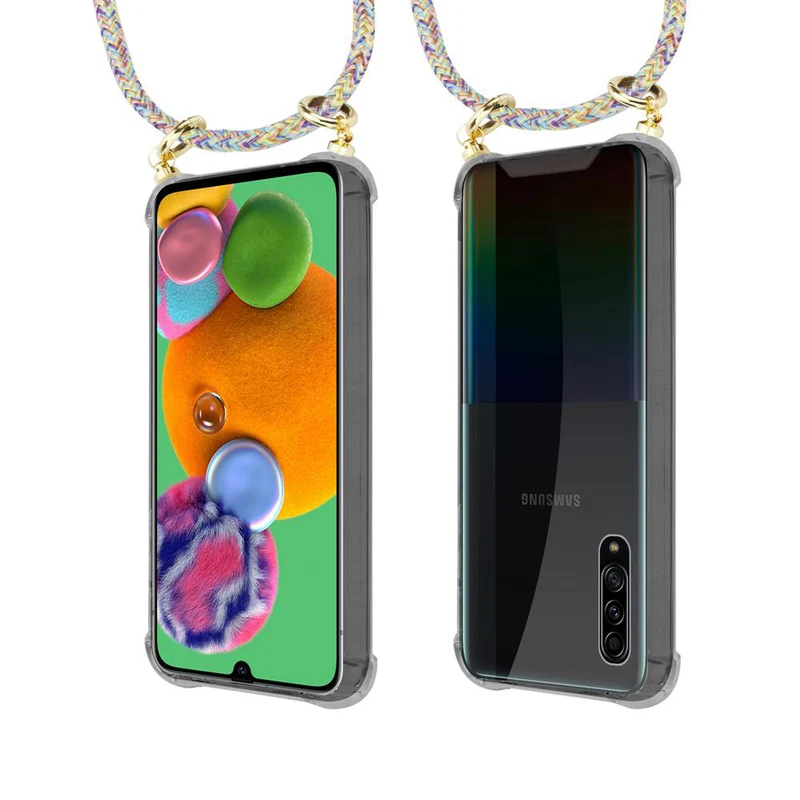 Cadorabo Handy Kette kompatibel mit Samsung Galaxy A90 5G Silikon Schutzhülle mit Gold Ringen, Kordel Band und abnehmbarem Etui