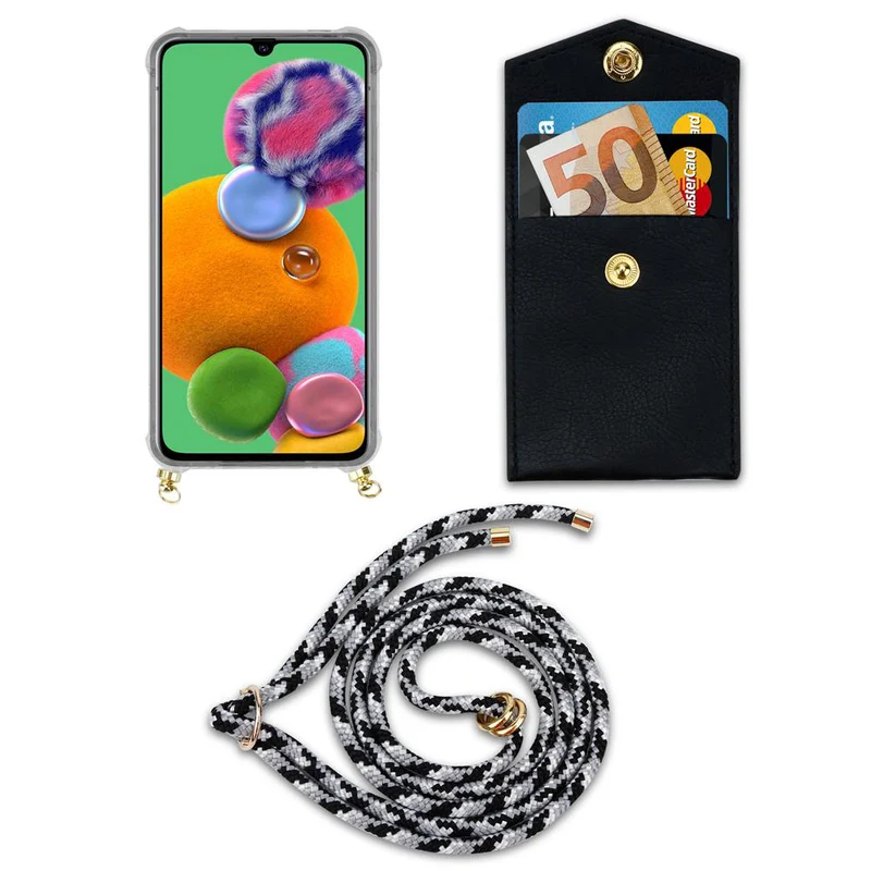Cadorabo Handy Kette kompatibel mit Samsung Galaxy A90 5G Silikon Schutzhülle mit Gold Ringen, Kordel Band und abnehmbarem Etui